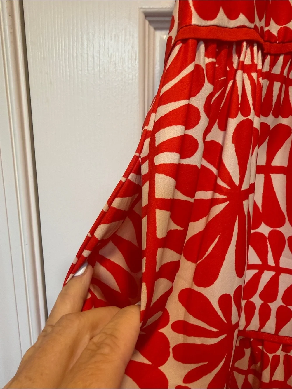Joy Joy Red and Cream silky Tiered Swing Sundress